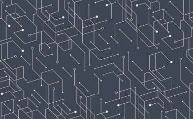 Çizgiler ve noktalarla soyut bir arkaplan. Anakart. Teknolojik yenilik geçmişi. Beyaz noktalar koyu arkaplandaki çizgilerle birleşiyor. Geometrik çizim.