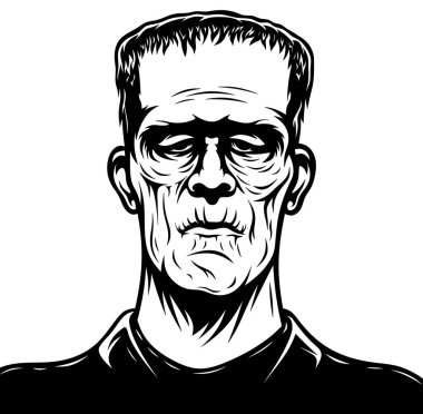 Zombi portresi. Bir canavarın tek renkli çizimi. Cadılar Bayramı için boyama sayfaları. Ölü bir adamın siyah beyaz çizimi. Duygusuz bir adam..