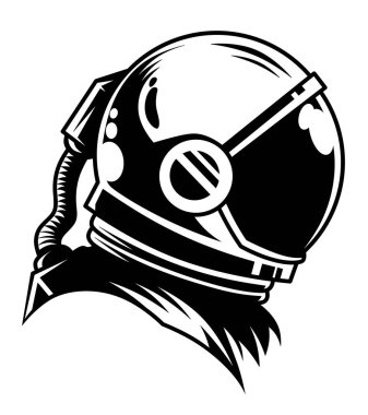 Uzay elbisesi içindeki bir astronotun profil portresi. Tek renkli astronot logosu. Uzayda miğferli bir adamın izole edilmiş bir tasviri..