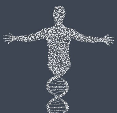 Noktalarla çizilmiş insan vücudu ile izole edilmiş DNA sarmalı. Biyoloji alanındaki bilimsel keşifler kavramı. İnsan vücudunun evrimi.