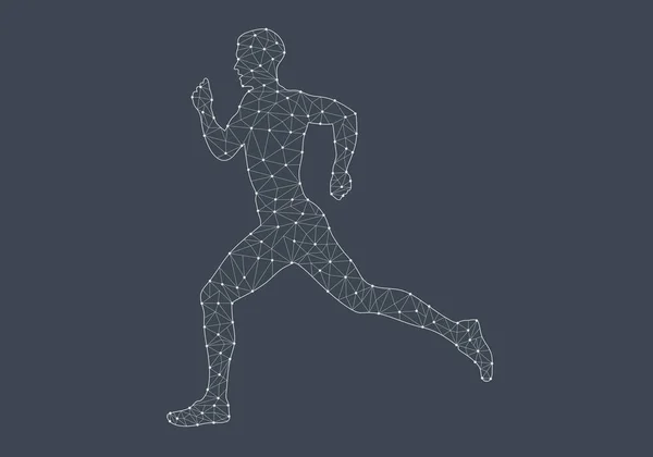 多角形の人間のシルエットを実行しています アスリートは線と点で描かれています ジオメトリックランナーロゴ 未来の技術スポーツのコンセプト デジタルヘルス — ストック写真