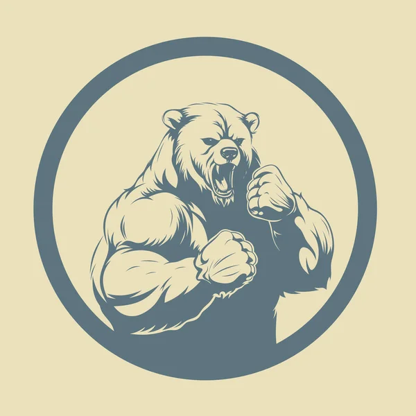 Round logo with a bear standing in a fighting stance. Angry grizzly bear is engaged in martial arts. Warrior bear emblem.