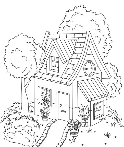 用鲜花和树木装饰可爱的房子 连环画漫画屋 儿童彩色书 — 图库照片