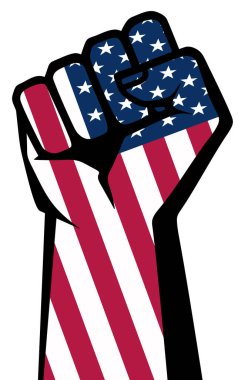 Amerikan bayrağıyla el ele. Amerika 'daki protesto konsepti. İzole edilmiş yumruk.