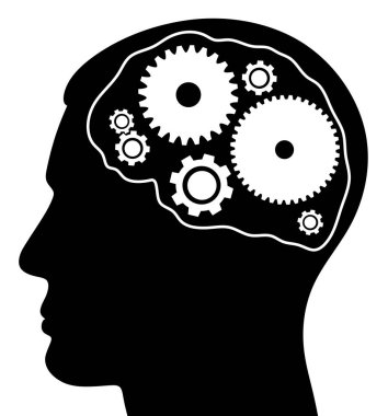 Dişliler kafaya. Karmaşık problemleri çözme kavramı. Dişli bir beynin çizildiği izole edilmiş bir baş silueti. Düşünceler kafamda.