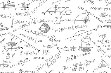 Örnekler ve denklemlerle matematiksel hesaplamalar. Okul ve üniversite için arka plan. Soyut fiziksel formüller beyaz arkaplanda el yazısıdır..