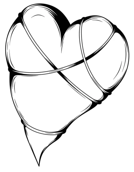 孤零零的黑白相间的心被绳子捆着 不幸的爱 爱的标志 心脏病发作心肌梗死的概念 — 图库照片