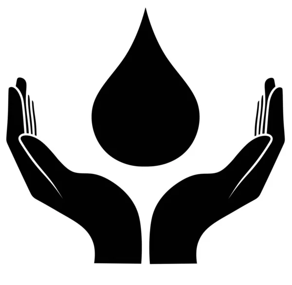 手の中の水滴を落としてしまう 黒と白のサインが水を救う 給水会社のロゴ 献血のエンブレム 手の血液の隔離された滴 — ストック写真