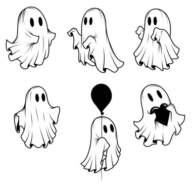 Hayalet seti. Cadılar Bayramı için siyah ve beyaz el yapımı kumaş hayaletler. Komik kötü ruhlar..