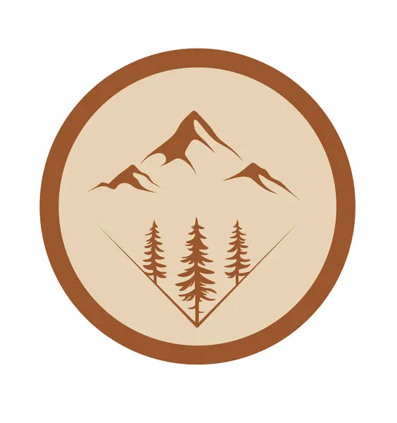Köknar Ağaçlı Yuvarlak Bej Dağ Logosu Seyahat Simgesi Dağlarda Yürüyüş — Stok fotoğraf