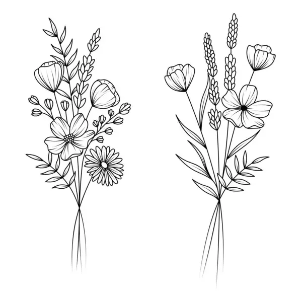 Bouquets of flowers are drawn with lines. Set of summer flowers. Minimalistic black and white flowers.