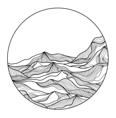 Yuvarlak çerçevedeki soyut dağlar. Çizgilerle çizilmiş siyah beyaz manzara. Dağlarda yürüyüş için izole bir logo. Stres önleyici boyama kitabı.