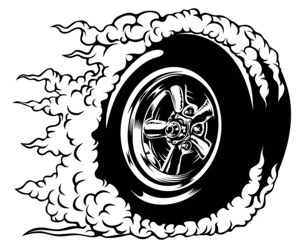 Monochrome logo of a sports car on a wheel. Tire smoke is drawn around a black car wheel. Drag racing.