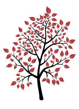 Kırmızı yapraklı, ıssız bir abanoz ağacı. Doğa koruma ve çevre kirliliği kavramı. Yapraklarla çizilmiş dallar.