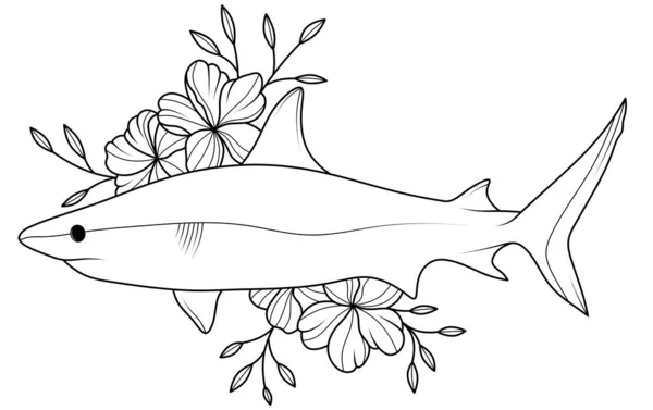 Shark in flowers. Coloring. Outline drawing of a shark. Predatory fish.