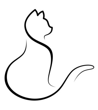 Kuyruklu bir kedinin taslağı. Veteriner kliniği için minimalist kedi logosu. Bir evcil hayvanın silüeti. Oturan bir kedinin profili.