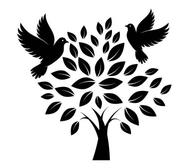 Yapraklı siyah ağaç ve iki el kumrusu. Kuşlarla barış ağacı kavramı. Kuşlar barışın sembolüdür. Savaş yok. Kuşlar ağaçların üzerinde uçuyor.