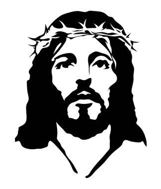 İsa 'nın şablon çizimi. Dikenli bir çelenk takan İsa 'nın tek renkli portresi.. 