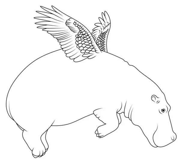 Hippo with wings in flight, line drawing. Contour drawing of a hippopotamus, drawn by hand. Coloring large African animal.