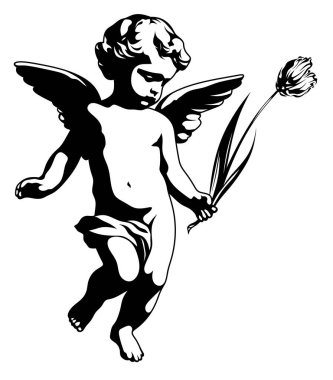 Elinde lale olan bir melek. Bir meleğin siyah beyaz çizimi. Aşk tanrısı. İlahi çocuk çiçek veriyor. Elinde lale olan melek kanatlı bir çocuk. Tek renkli melek..