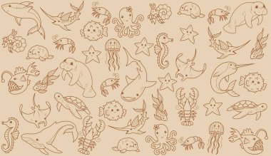 Deniz hayvanlarıyla bej arkaplan. Çizgilerle çizilmiş şirin deniz hayvanları. Fugu balığı, fok, ahtapot, kaplumbağa, deniz atı. Suyun altında gülümseyen hayvanları çizmek. Çocukların deniz hayvanları ve balıkları..
