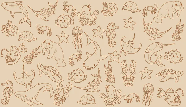 Beige backgrounds with sea animals. Cute marine animals drawn with lines. Fugu fish, seal, octopus, turtle, seahorse. Drawing animals that smile underwater. Children\'s sea animals and fish.