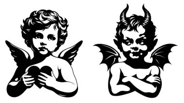 Angel elinde bir kalp tutuyor. Bir iblis çocuk ve bir meleği tasvir eden siyah ve beyaz çizimler. İyi ve kötü kavramı. Kanatlı çocuk. Küçük Aşk Tanrısı.