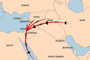 İran 'ın İsrail' e saldırısı. Harita İsrail, İran, Irak, Suriye, Lübnan 'ı gösteriyor. İsrail topraklarına roket fırlatıyorlar. - Savaş. Arap ülkeleri. İsrail 'in hava savunması.