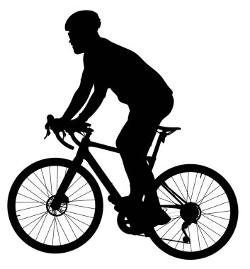 Çakıl taşı bisikleti süren bir adamın silueti. Bisiklet yarışmaları. Engebeli arazide bisiklet sürmek. Tişört baskısı ya da spor blogu için bir bisikletçinin resmi. 