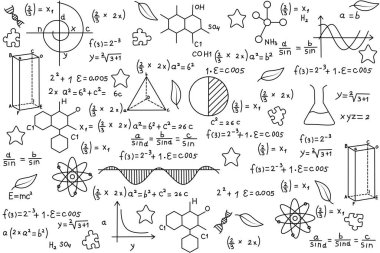 Okul derslerinin, fiziğin, kimyanın, geometrinin çizilmiş formülleri. Okula dönelim. Okul teması illüstrasyon, üniversiteye kayıt. Yüksek eğitim almak. Bilimsel arkaplan