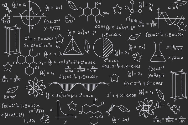 School-themed background with math and algebra formulas. Concept of going back to school or going to university. Exact sciences for technology design. Geometry and algebra for school newspaper.