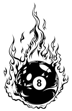 Bilardo topu yanıyor. Bilardo sporu ya da tişört baskısı için logo. 