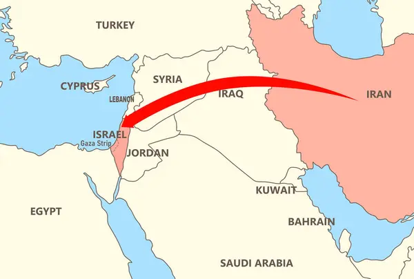 İran 'ın İsrail' e saldırısı. Harita İsrail, İran, Irak, Suriye ve Lübnan 'ı gösteriyor. Haritada İran ve İsrail arasındaki askeri çatışma var. - Savaş. İsrail savunması.