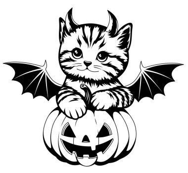 Kanatları ve boynuzları olan bir kedi yavrusu, siyah beyaz bir balkabağıyla oturur. Cadılar Bayramı 'nın temasını çizmek, tüm ölülerin sonbahar tatili.