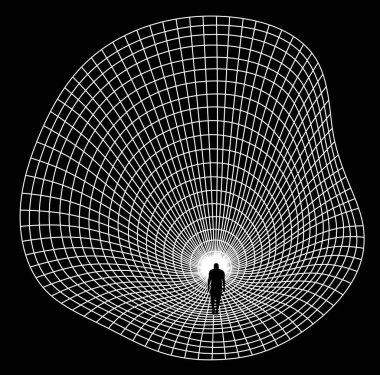 Çizgilerle çizilmiş soyut gelecekçi kara delik. Bir adamın silueti kara deliğe düşüyor, uzay ve zamanı büküyor. Tüm dünyada yalnızlık kavramı, akıl sağlığı..