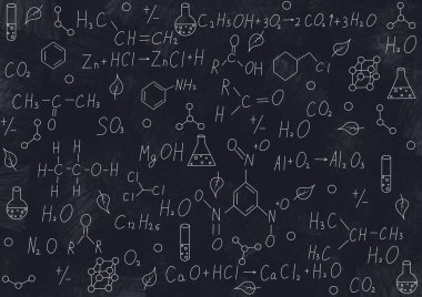 Okul temalı arka planlar. Yazılı formüller, kimyasal elementler ve denklemler. Kimyasal altıgenler yapısal formül kimyasal altıgenler. Okulun web sitesi tasarımı ya da yazdırımı için bilim arkaplanı.