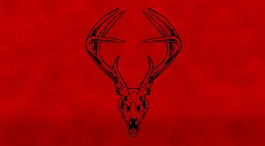 Kırmızı arka planda geyik kafatası. Vahşi hayvan kafatası tasviri ölümü ve yaşamı simgeliyor. Büyük boynuzlu bir geyiğin boyalı kemikleri..