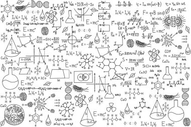 Okul derslerinin, fiziğin, kimyanın, geometrinin, biyolojinin formüllerini çiz. Okula dönelim. Okul temalı bir resim. Doğa bilimleri okuyorum. Okul geçmişi, illüstrasyon.