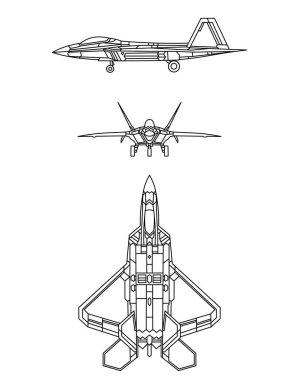 F-22 Raptor, düşman uçaklarına karşı savaşan beşinci nesil çok rollü savaş uçağıdır. Bir askeri jetin çizimi çizgilerle çizilir. Savaş için askeri havacılık.