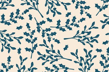 Noel temalı çiçek arkaplanı ve pastel renkli kış bitkileri. Yeni yıl havası için bej arka planda çoban püskülleri ve ökseotu silueti..