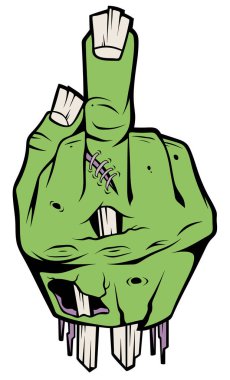 Green zombie hand showing middle finger. Illustration for poster design or social media for the day of all the dead. Halloween-themed sticker. Finger gesture Go fuck yourself.