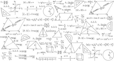 Geometrik formüllü okul temalı arka plan. Okula dönmek ya da üniversiteye gitmek. Teknoloji tasarımı için tam bilim. Okul tahtasındaki formüller. Okul web sitesi veya sosyal medya için tasarım