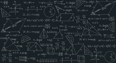 Geometrik formüllü okul temalı arka plan. Okula dönmek ya da üniversiteye gitmek. Teknolojik tasarım için tam bilim. Okul tahtasındaki formüller. Geometri dersi tasarımı.