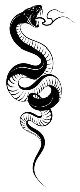 Yılanlı siyah beyaz bir grup. Tek renkli, tehlikeli ve zehirli yılanın büyük dişleri ve uzun dili olan ağzı açık bir resmi. Pullu yılan ailesinden bir sürüngen..