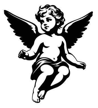 Siyah ve beyaz bir melek tasviri. Kanatları olan küçük bir çocuğun logosu. Şirin, güzel, uçan bir bebek tasarımı. Aşk tanrısı.