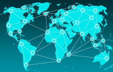 Noktaları çizgilerle birleştirilmiş bir dünya haritası. Kıtalar ve büyük şehirler arasında internet bağlantısı. Küresel iletişim, lojistik, ulaşım ve ticaretin teknolojik temelleri. 