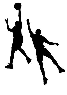 Basketbolcuların silueti. Sporcu topu rakibinden alır. Basketbol oynayan profesyonel sporcuların sepete fırlatılışı. Topla spor..