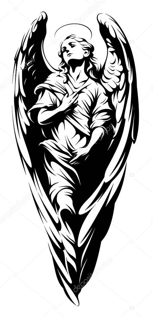 Angel girl with big wings, black and white illustration. The logo with the angel is hand drawn. Guardian angel is a symbol of Christian religion. Biblical character. Suffering angel.