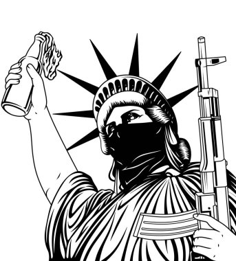 Molotof kokteyli ve elinde makineli tüfekle Özgürlük Anıtı 'nın tasviri. Demokrasi için popüler mücadele kavramı, isyancı savaş. İnsanların hakları için bir protesto..