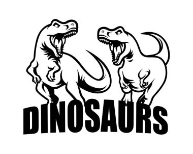 Dinozorlar birbirlerini kovalarlar. Tyrannosaurus rex logosu, Clipart. Büyük dişli siyah beyaz dinozor. Büyük etobur dinozorun resmi. Jurasik dönem.